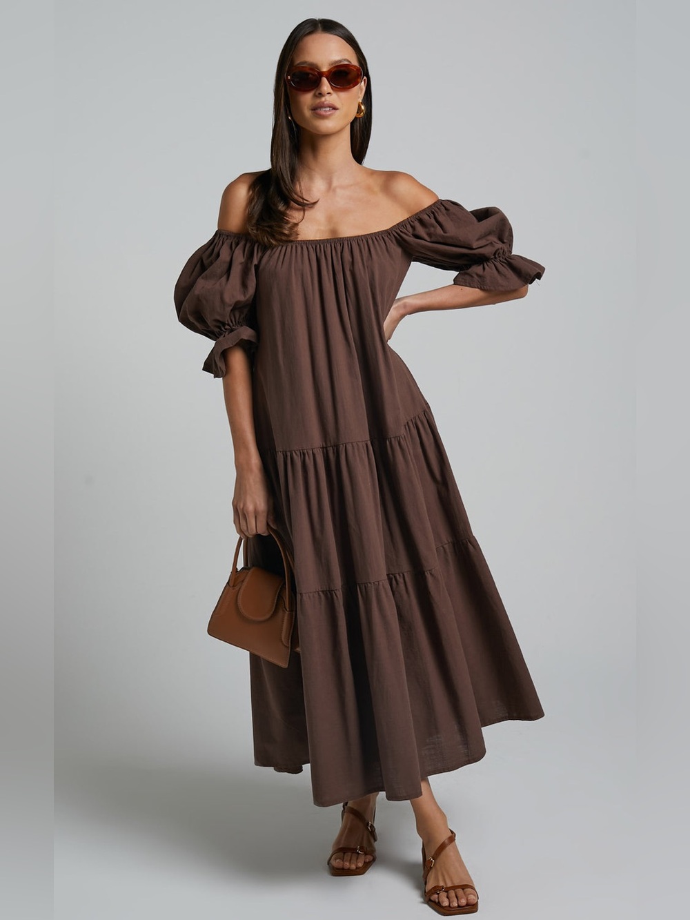 NWT REVOLVE Australia SHOWPO Zaharrah tiered midi dress US 6 chocolate brown - Picture 3 of 11